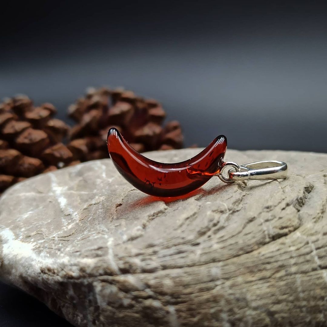 Genuine Baltic amber moon necklace with dark red amber stone