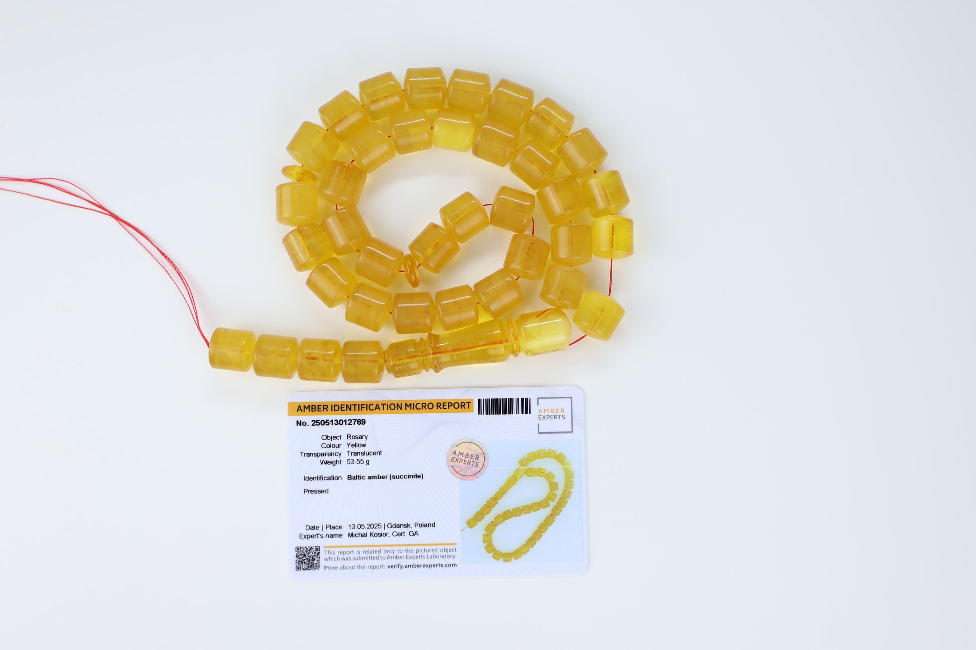 Translucent yellow pressed Baltic amber prayer beads 37 beads 12.5x12mm 53.55g with lab certificate from Tetibel Amber Jewels