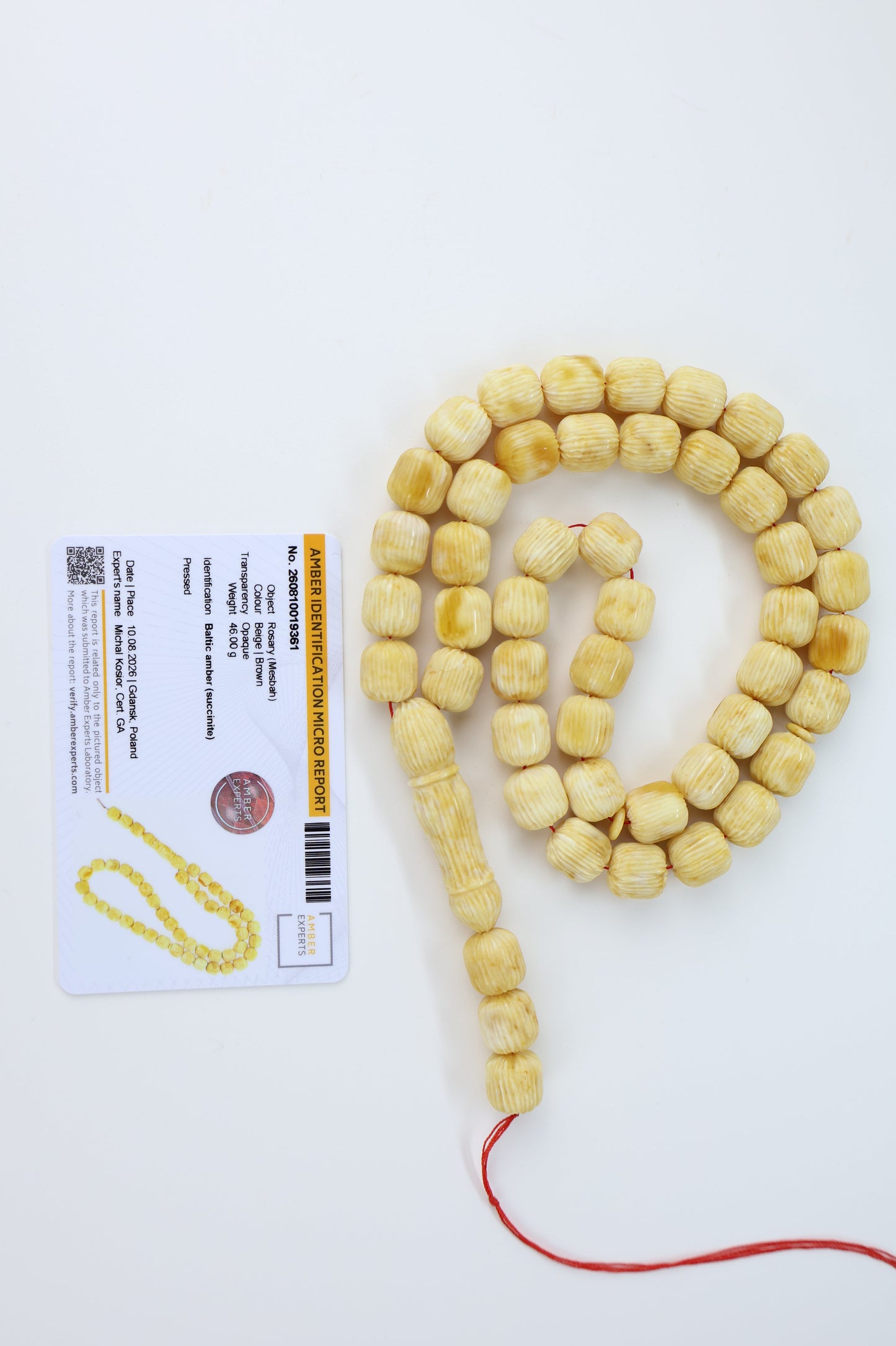 Pressed Baltic amber carved textured prayer beads 48 beads 12x11mm 46.00g with lab certificate from Tetibel Amber Jewels