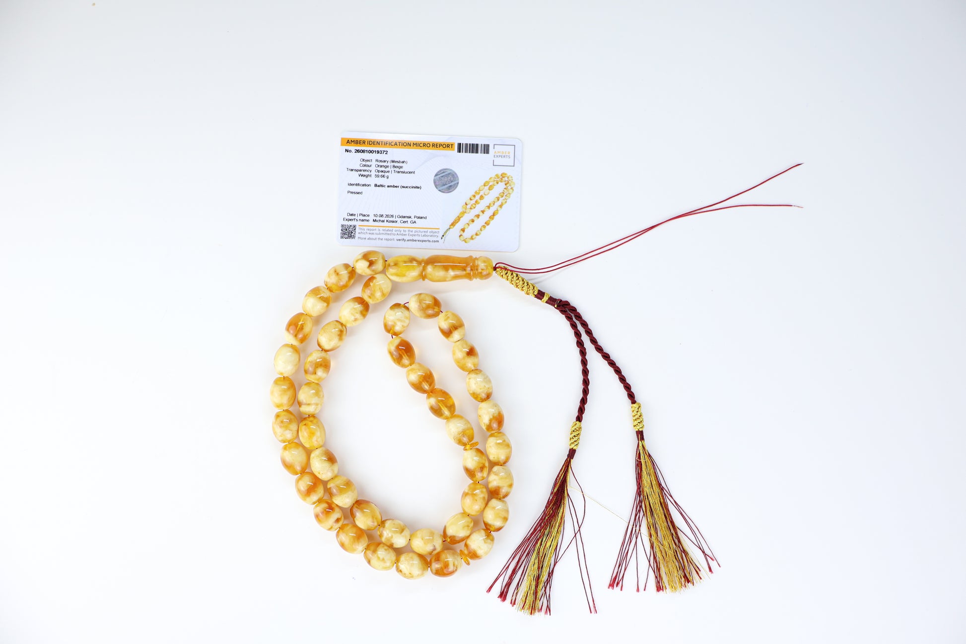 certified baltic amber prayer beads 42 beads 15x12mm 59.66g with handmade burgundy and gold Doha Qatar tassel and lab certificate from Tetibel Amber Jewels