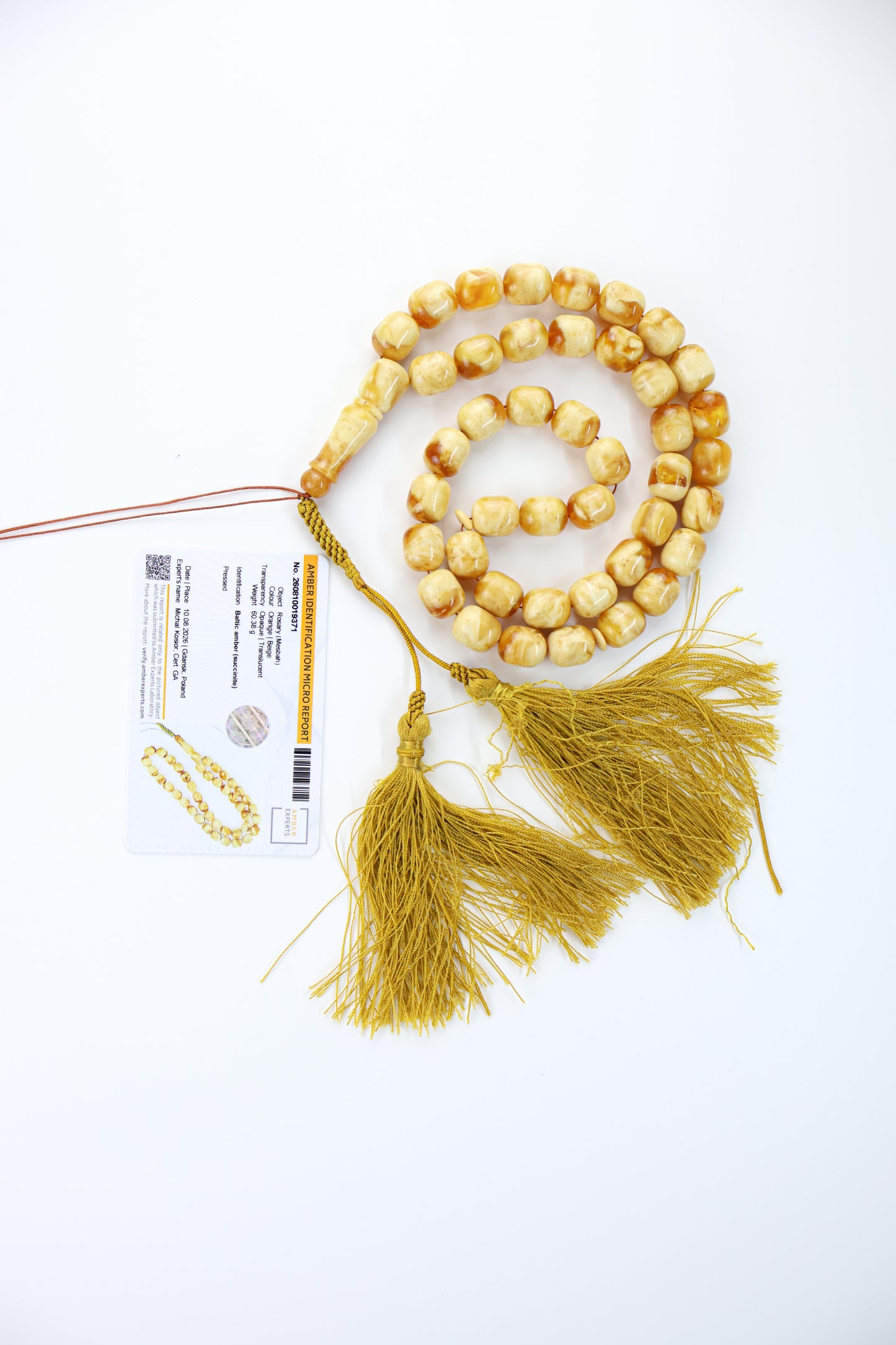 Pressed Baltic amber prayer beads 42 beads 13.7x11.8mm 60.38g with handmade Doha Qatar tassel and lab certificate from Tetibel Amber Jewels