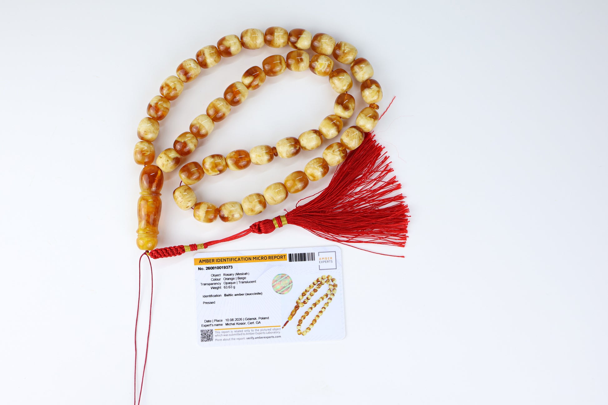 Pressed Baltic amber prayer beads 42 beads 13.5x12mm 63.63g with handmade red Qatari tassel from Tetibel Amber Jewels