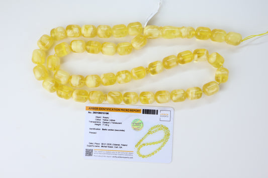 Pressed Baltic amber rosary 71.49g yellow white with lab certificate from Tetibel Amber Jewels