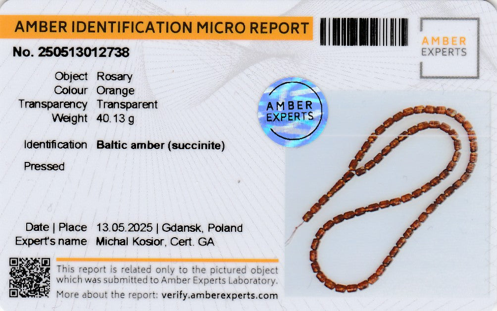 Amber Identification Micro Report with a Rosary on a white background