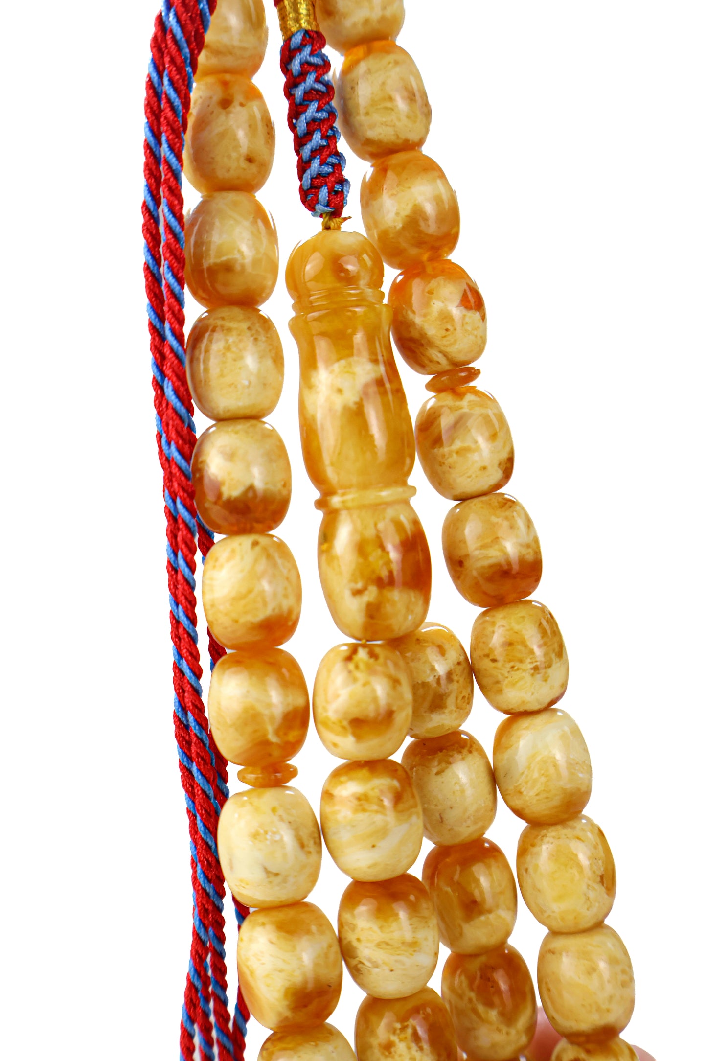 Pressed Baltic amber prayer beads 39 beads 13.5x12mm 59.95g with handmade red blue and gold Doha Qatar tassel and lab certificate from Tetibel Amber Jewels