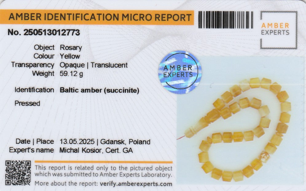 Amber Experts laboratory certificate confirming Baltic amber succinite pressed rosary