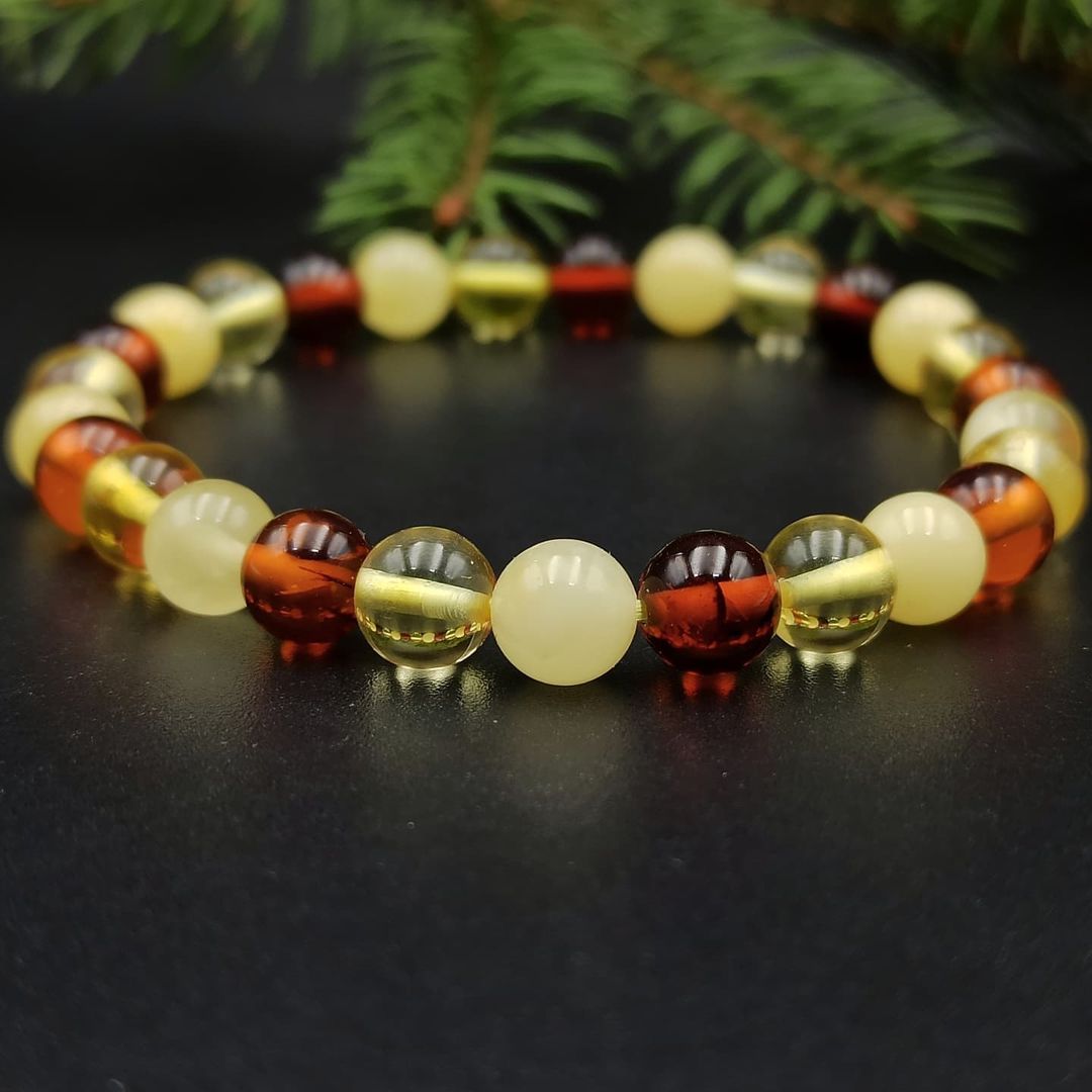 Multicolor Baltic Amber Bead Bracelet – Natural Round Amber Jewelry