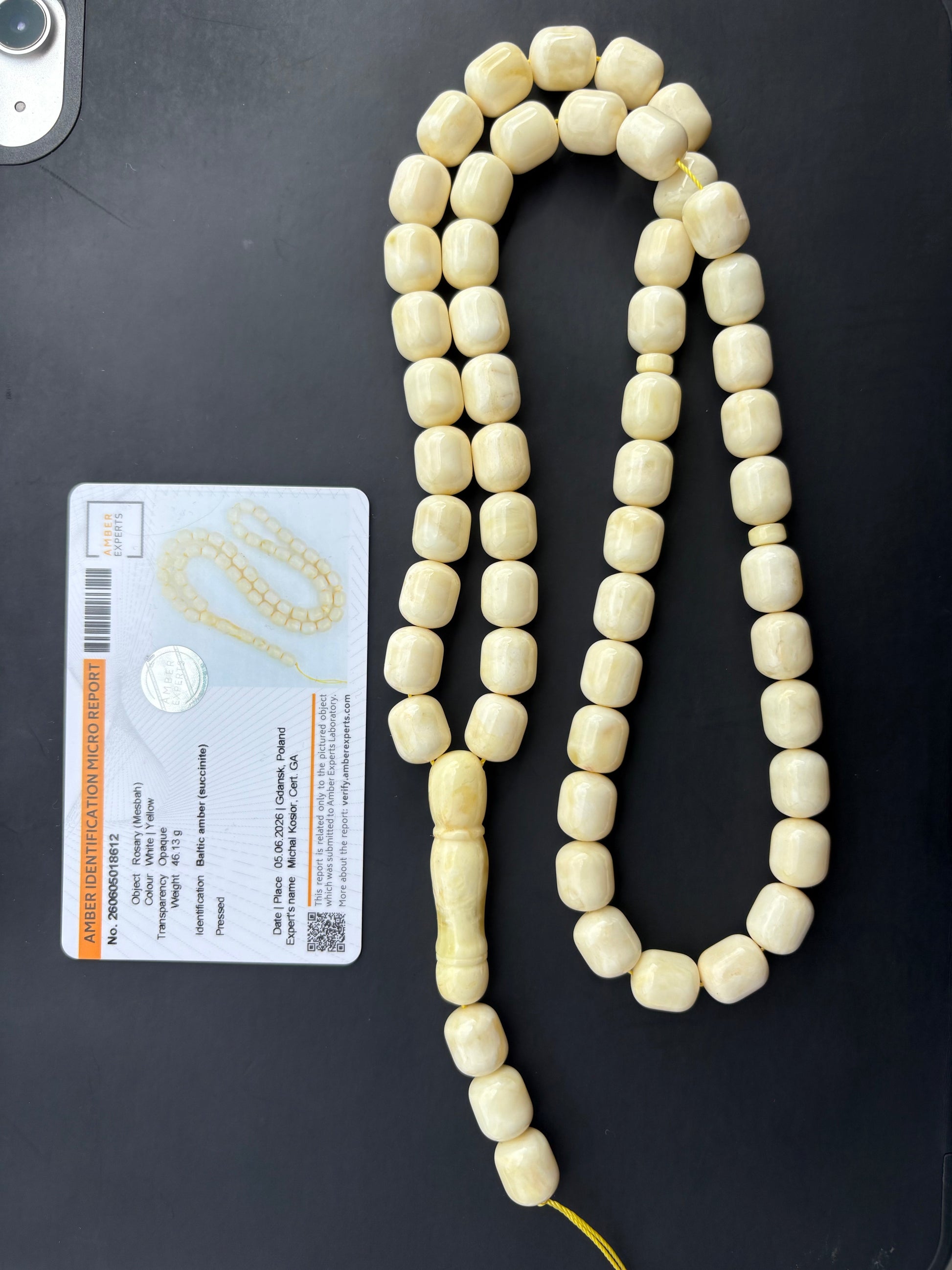 Tetibel 54-bead pressed Baltic amber rosary with 11.7x10mm white-yellow royal butterscotch cylinder beads and an official authenticity certificate.