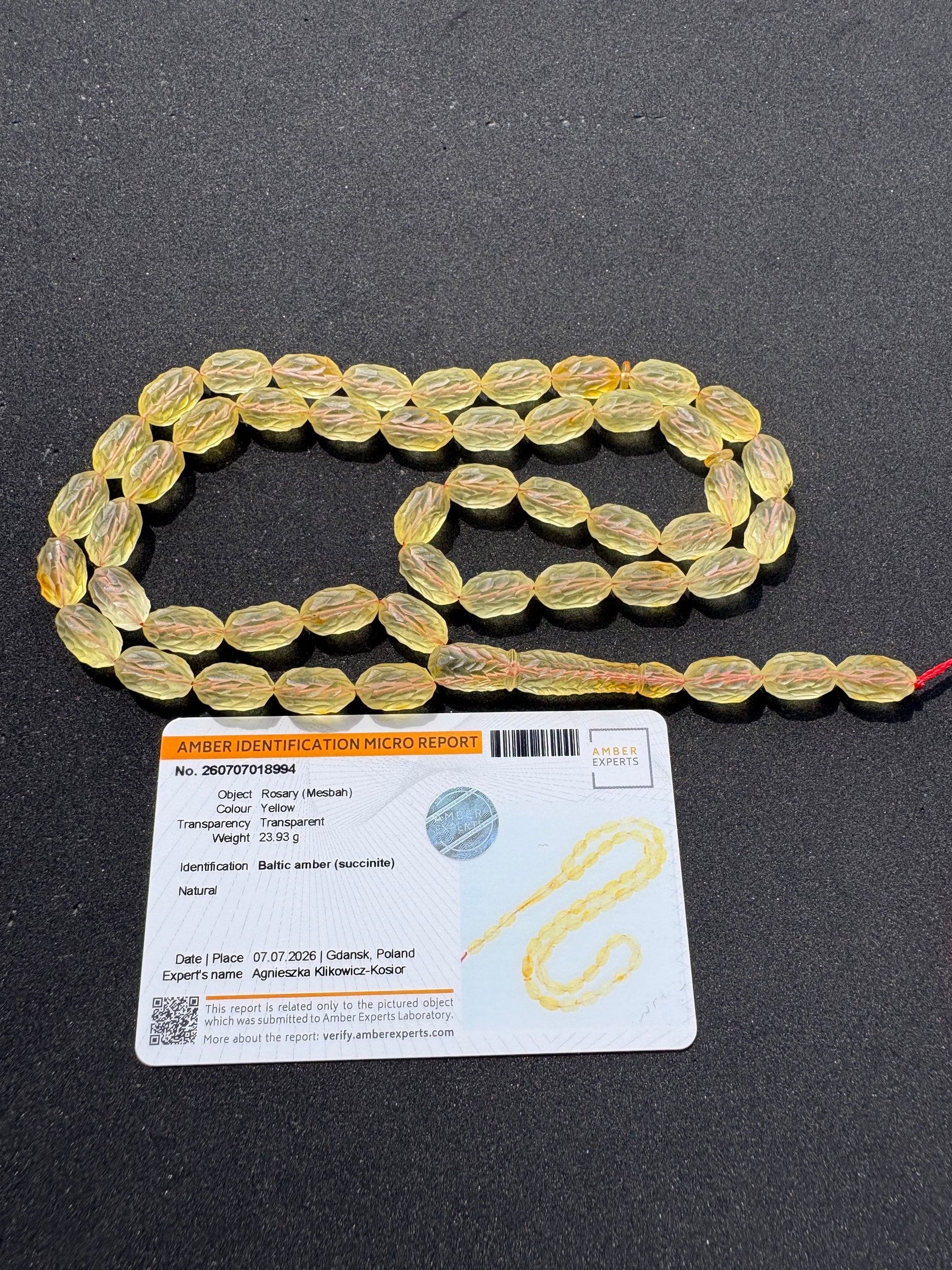 Luxury Baltic amber Tesbih with 13.5 x 7.5 mm olive-cut beads.