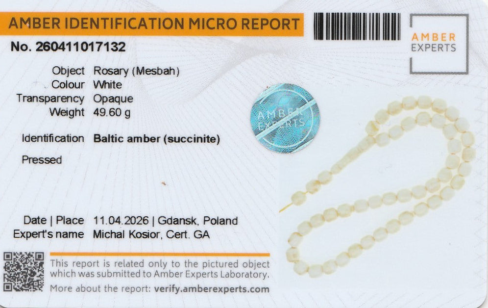 Handcrafted white Baltic amber rosary (Mesbah) with opaque pressed beads, weighing 49.60g, certified by Amber Experts.